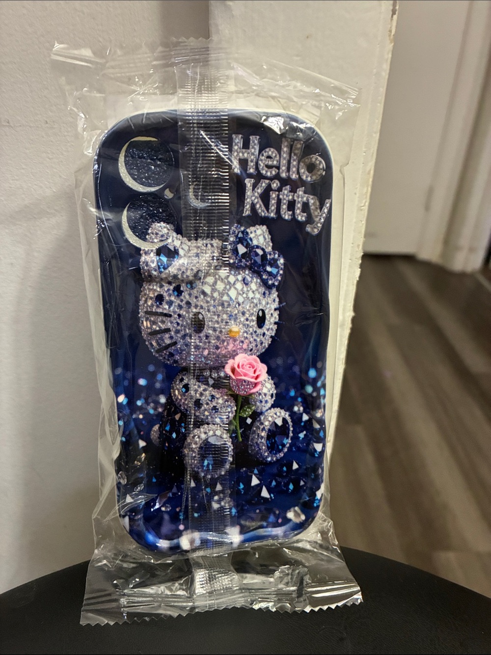 Hello Kitty Navy Blue Crystal Bow Phone Case with Pink Rose Accent